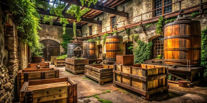 Wooden crates and rusty machinery surround a row of old metal barrels in a dimly lit tequila factory, surrounded by overgrown vegetation and stone walls , factory, barrel