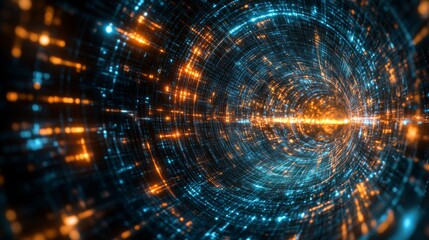 Fototapeta premium Abstract Digital Tunnel with Orange and Blue Glowing Particles