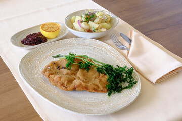 A delicious breaded cutlet served with potato salad fruit preserves and lemon