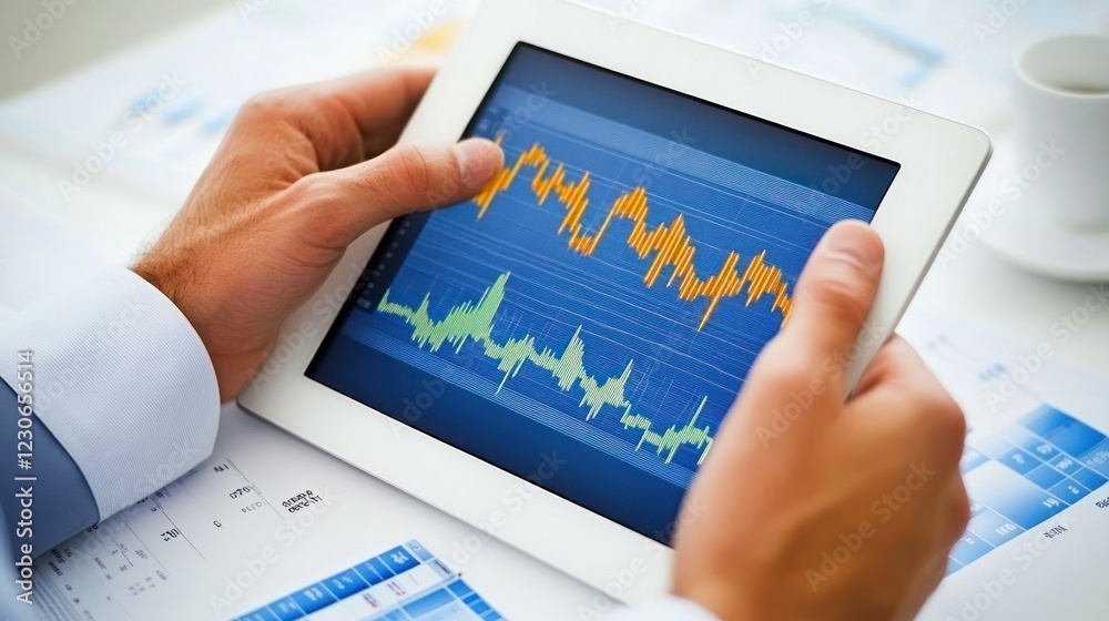 Poster hands holding tablet displaying financial market data