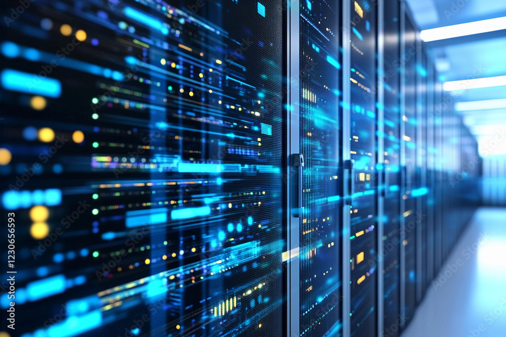 Aufkleber Data center with servers and glowing information streams