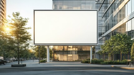 Fototapeta premium Front view on blank white billboard with copyspace on sunny street before stylish business center with glass walls in the evening. 3D rendering, mockup