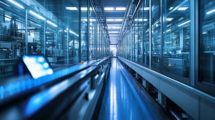 Obraz premium Modern Factory Interior with Conveyor Belt and Blue Lighting