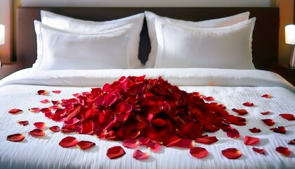 close up on minimalistic hotel bedding with st valentine s day decoration a heap of red rose petals on clean white pillows duvet blankets bedsheets