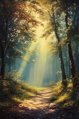Obraz premium Sunlight filters through a dense forest, illuminating a serene path surrounded by lush foliage and towering trees.