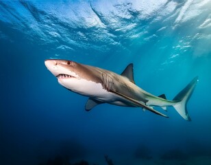 Fototapeta premium underwater photo of a large shark with its mouth open generated by artificial intelligence