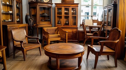 Quality wooden furniture, including mahogany pieces for upscale interiors.