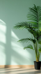 Palme steht vor mintgrüner Wand

