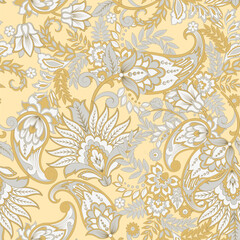 Turkish Cucumber Paisley seamless vector pattern in traditional Oriental style. Decorated with flowers, leaves, and fantasy elements, for fabric, textile and wallpaper covers