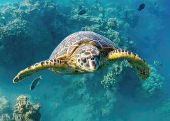 Fototapeta premium portrait of a turtle who floats in the sea