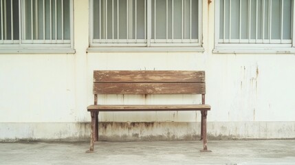 Weathered wooden bench sits against a worn building exterior.