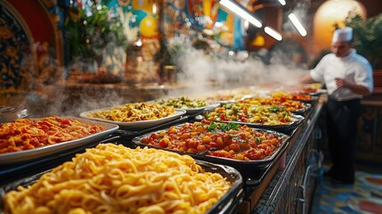 Steaming hot food displaying on buffet table in restaurant with chef working
