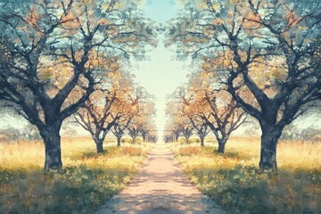Fototapeta premium A tranquil dirt path lined with trees in full autumn colors under a bright blue sky, capturing the essence of a peaceful countryside.