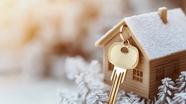 A close-up of a golden key and house charm symbolizing home ownership and tax benefits. Perfect for financial and real estate themes.
