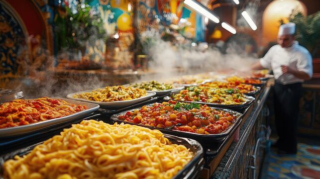 Steaming hot food displaying on buffet table in restaurant with chef working