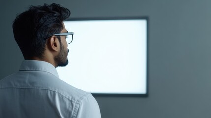 Over shoulder closeup view of male indian businessman wearing glasses looking at empty blank mockup screen for advertising, working, typing, planning, analyzing data. Business technologies concept.