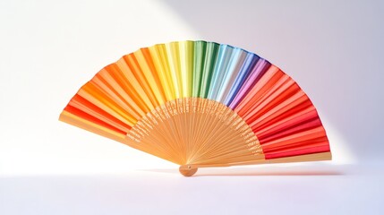 A colorful fan with a rainbow pattern. The fan is made of paper and is open. The fan is on a white background