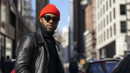 A fashionable man wearing a black leather jacket, turtleneck, and red beanie poses confidently in an urban setting with tall buildings.