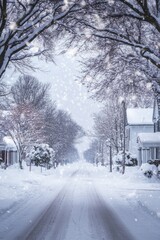 Snowy street with a house on the right. The street is empty and quiet. The snow is falling and covering the ground
