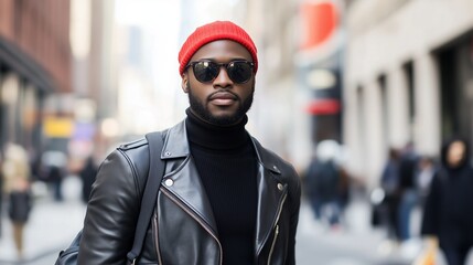A fashionable man wearing a black leather jacket, turtleneck, and red beanie poses confidently in an urban setting with tall buildings.
