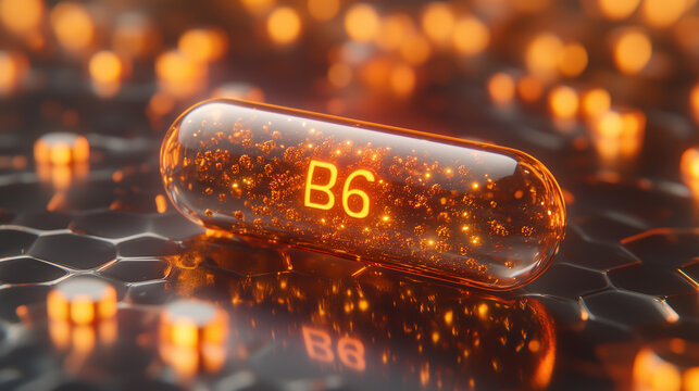 Amber-colored B6 vitamin capsule with glowing particles inside, representing energy and health supplements.