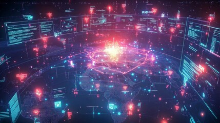 Fototapeta premium Abstract Digital Network Sphere Glowing Neon Lines And Shapes