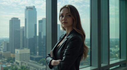 Fototapeta premium Confident businesswoman, cityscape backdrop. Modern professional, ambitious career. Powerful female leader, corporate success.