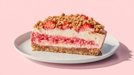 Delicious layered dessert with strawberries and crumb topping served on a white plate against a pink background