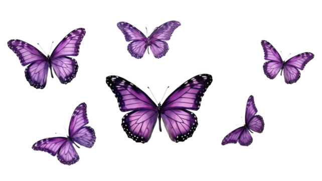 Soaring purple butterflies, isolated on transparent background.