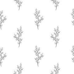 Seamless pattern of Doodle plants. Hand drawn leaves illustration in monochrome black and white colors. Floral background branches Outline print for fabric, textile, wallpaper