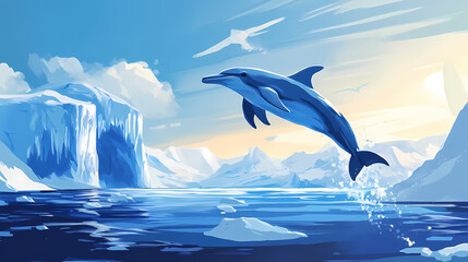 Fototapeta premium Dolphin leaping in minimalist arctic landscape with icy structures. Arctic Arch. Illustration