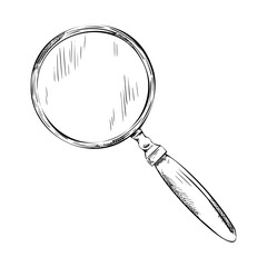Vector line illustration of magnifying glass. Hand drawing of magnifier lens. Monochrome Outline graphics vintage loupe for icon or logo. Engraving of the search icon