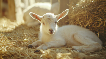 Fototapeta premium Baby goat resting on straw in warm sunlight