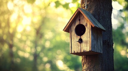 A small bird peeks from a wooden birdhouse on a tree