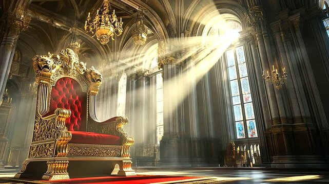 A richly adorned king's throne, featuring lavish crimson upholstery and ornate lion carvings, is the focal point of a grand hall, where sunlight streams through arched windows, hig