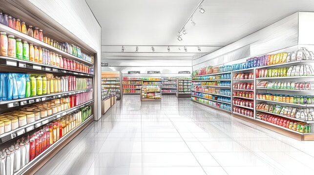 Supermarket Interior Design Sketch with Shelves and Products