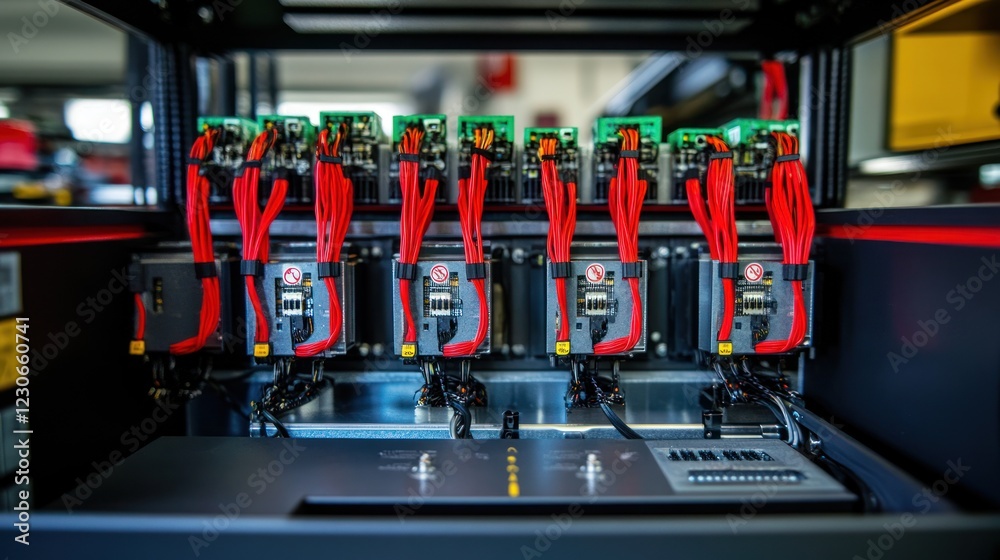 Aufkleber red wired electronic components inside a technological device