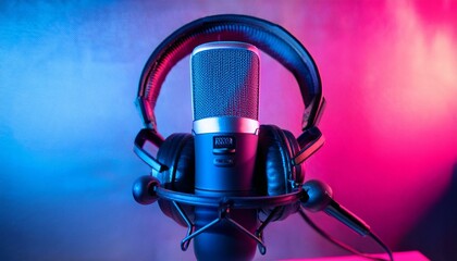 a close up of a microphone and headphones for podcast stream or asmr sounds on black stand in a neon led lighting cyan and magenta in a sound recording studio
