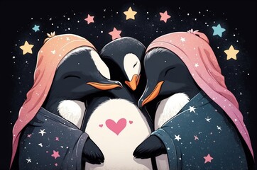 Obraz premium Colorful illustration of a cute adorable sleeping animals with blanket, night sky, stars and black background, nursery decor and nature theme concept texture design. 