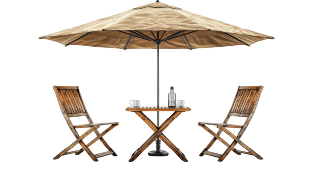 Table with Chair and Parasol Umbrella, isolated on transparent background.