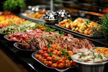 Obraz premium Delicious roast beef and various dishes displayed on buffet table