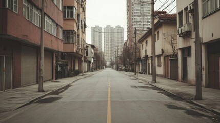 Obraz premium Deserted city street scene, empty road between buildings.