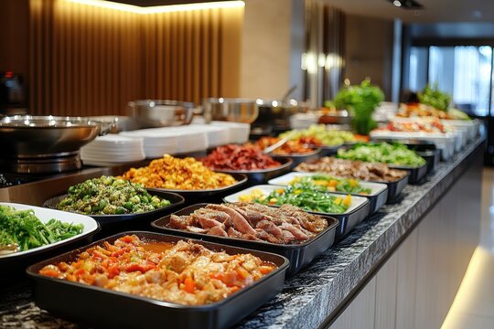 Hotel buffet offering delicious dishes prepared for guests