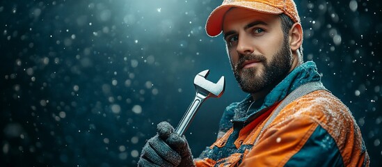 Snow-covered mechanic holding a wrench, showcasing winter work conditions outdoors
