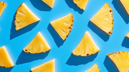 Naklejka premium Vibrant and fresh pineapple slices arranged in a geometric pattern on a bright blue background, creating a tropical, modern, and artistic food photography composition.