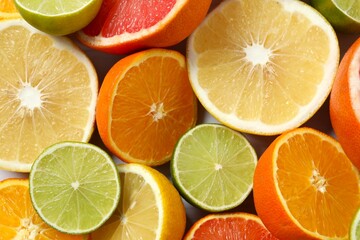 Various citrus fruits as a background, top view.