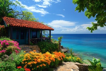 Obraz premium Tropical bungalow overlooking the caribbean sea with lush flowers and blue sky