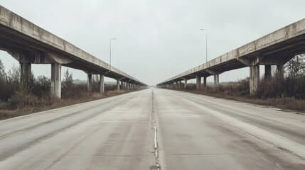 Empty highway disappearing into the fog under a grey elevated roadway.