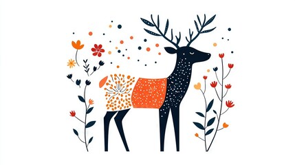   Deer with antlers among flowers and foliage
