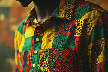 Obraz premium Close-up of a person wearing a colorful patchwork shirt with intricate patterns